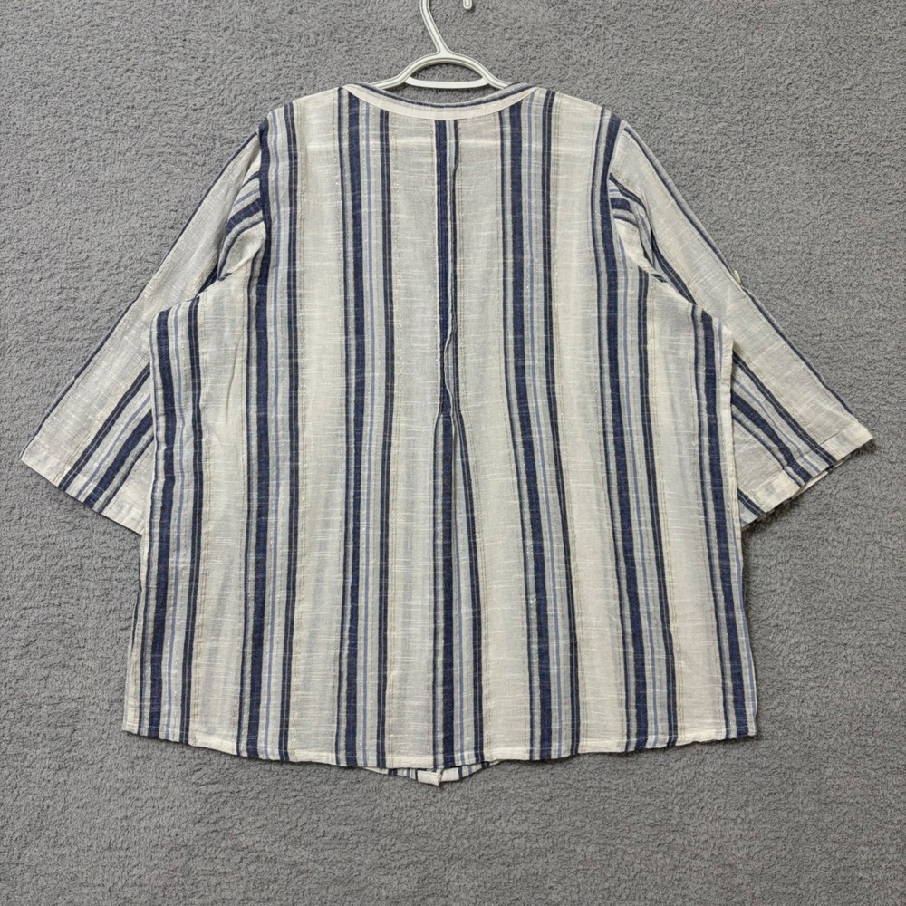 Comfortable Cotton Blend Blouse Roll Tab Sleeve Lightweight Blue Stripe 3X - Picture 7 of 9